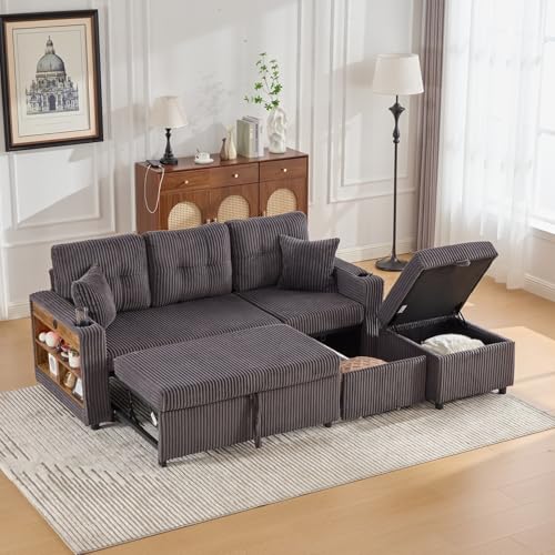 EURHCIO Canapé 3 Places Convertible en Velours Côtelé,Canapé d'angle Modulable,avec Espace de Rangement,Port USB Type-C,éclairage LED et...