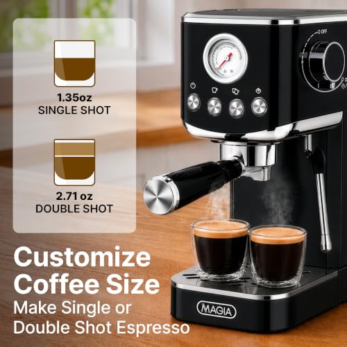 Image of Zulay Kitchen Magia Compact Espresso Machine - 20 Bar Coffee Maker with Milk Frother Steam Wand, Latte & Cappuccino Maker, 1350W Fast Heating, 40oz Removable Water Tank, Stainless Steel - Black