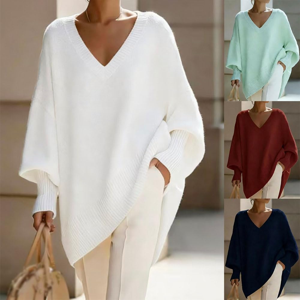 Sweter damski Oversize dzianinowy dekolt w serek z długim rękawem, Brązowy, 4XL | Miękki sweter z dzianiny z dekoltem w serek, luźny krój i długie rękawy do swobodnych strojów, wygodny i stylowy.