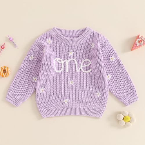 Honganda Infant Baby Girl First Birthday Sweater One Flower Embroidery Crew Neck Long Sleeve Knit Sweatshirt Fall Winter Top2