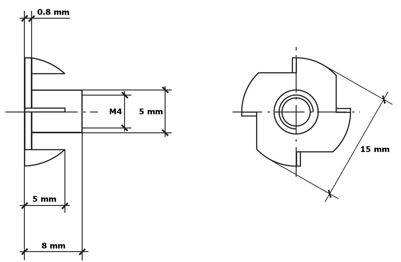 HEXATON 4 Pronged Tee Nuts - M4 x 8 mm - 50 Pieces - Zinc Plated Steel - Metal T-Nuts Threaded Inserts with Metric Thread - Image 2