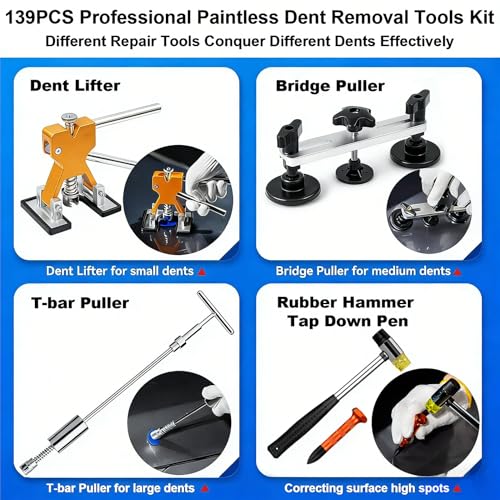 Image of 139PCS Paintless Dent Repair Kit, Professional Dent Puller Kit with Slide Hammer, Golden Lifter, Bridge Puller and PDR Tools, Car Dent Repair Kit for Hail Damage, Door Dings and Metal Dents