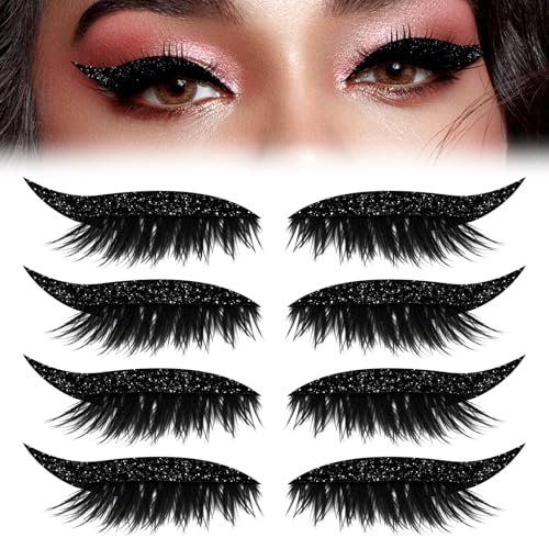 4 Pairs Lazy Eye Shadow Eyelash Patch, New Reusable Adhesive Eyelashes, Lazy Eyeshadow Fast Eye Makeup Stickers, Natural Waterproof Eyelashes Makeup Stickers for Party, Prom (Black)
