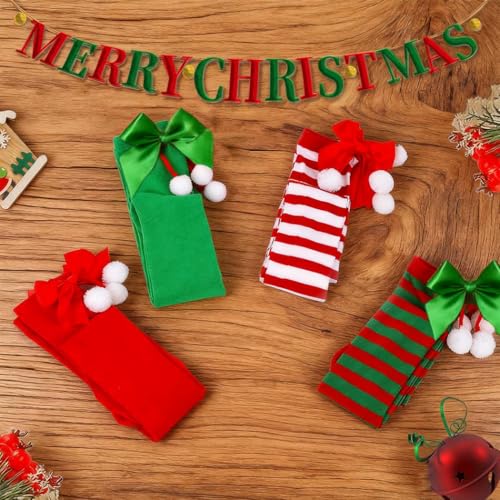 Image of Christmas Thigh High Stockings Bow Striped Stockings Holidays Knee Stocking for Women 2 Pairs