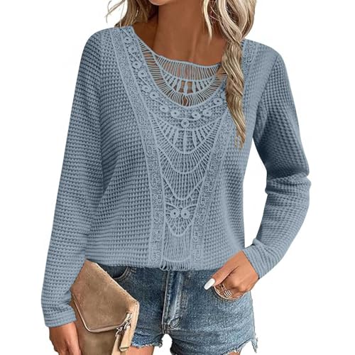 Generisch Blusa de mujer con encaje de ganchillo y cuello redondo, otoño, elegante suéter túnica con encaje de ganchillo y cuello redondo, elegantes trajes de moda casuales, azul claro, M