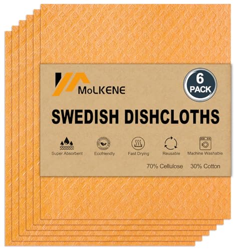 MoLKENE Swedish Dishcloths for Kitchen | 6 Pack Absorbent Cellulose Sponge Cloths Washable | Non-Scratch Reusable Paper Towels Quick Drying Cleaning Cloths - Orange