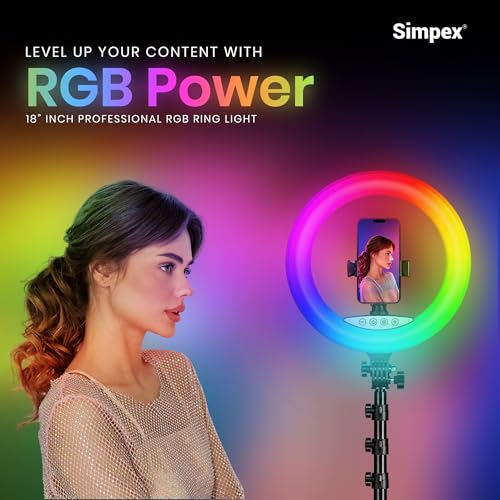 Image of Simpex 18 Inch RGB LED Ring Light Compatible with Smartphones & Cameras | 25 RGB Modes | Adjustable Brightness | Remote Control for YouTube, Makeup, Photography, Live Streaming & Video Shoot