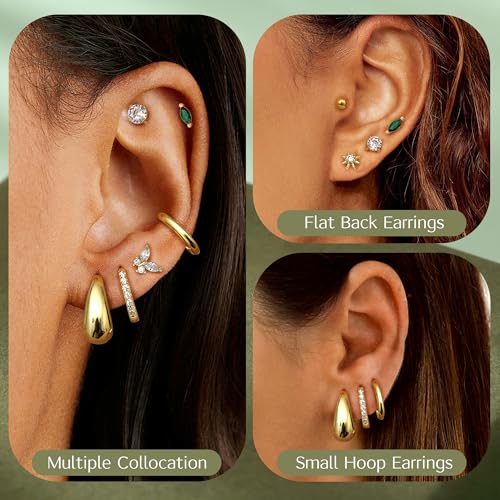 FUNRUN JEWELRY Hypoallergenic Gold Studs Earrings for Women Flat Back Stud Cartilage Earring Set Surgical Steel for Sensitive Ear 14K Gold Small Huggie Hoop Flatback Earrings for Helix Piercing Jewelry4