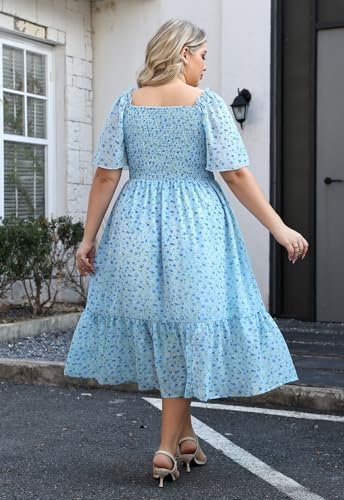 Image of Keluummi Plus Size Wedding Guest Maxi Dresses for Curvy Women, Summer Casual Boho Floral Smocked Empire Waist A Line Sundress