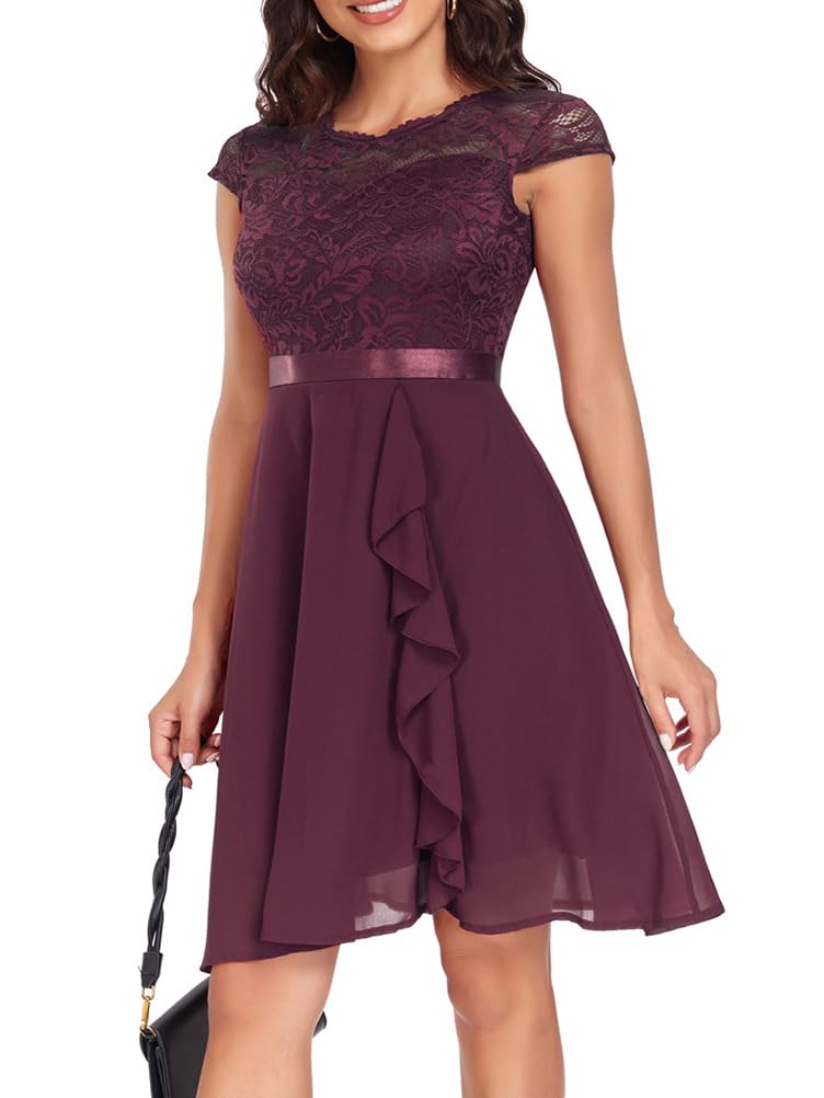 shownicer Abito Cocktail Donna Elegante Abito Cerimonia Maniche Corte Vestito in Chiffon Vita Alta Vestiti in Pizzo