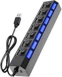 Hub 2.0 7 Portas USB Regua Extensora Auxiliar Duplicador Multiplicador Chave Seletora Extensão HI-SPEED HUB USB 7 Portas Com Led Individual, Chave On/Off - TONSHOP