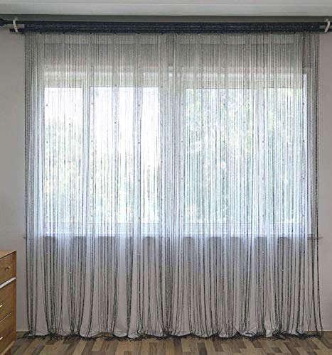 Lewondr Cortina de Hilos de Cuerda Plata, Flecos de Hilo Plateado de...