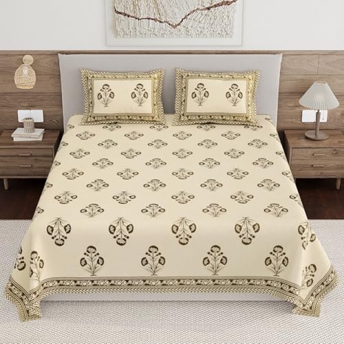 Image of Living Roots Ethnic Jaipur Block Print Double Cotton Bedsheet & 2 Pillow Covers, for Mattress Upto 6 inches Thick, No Colour Bleeding, Brown Colour, King Size 90 * 108 inches, 120TC (611-C)
