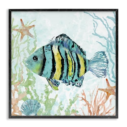 Striped Fish Underwater Nautical, 12 x 12 Inch Framed Giclée Print