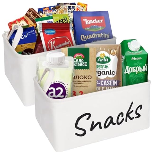 Snack Organizer Basket for Home Office: Snack Bin for Pantry (2 White Baskets)