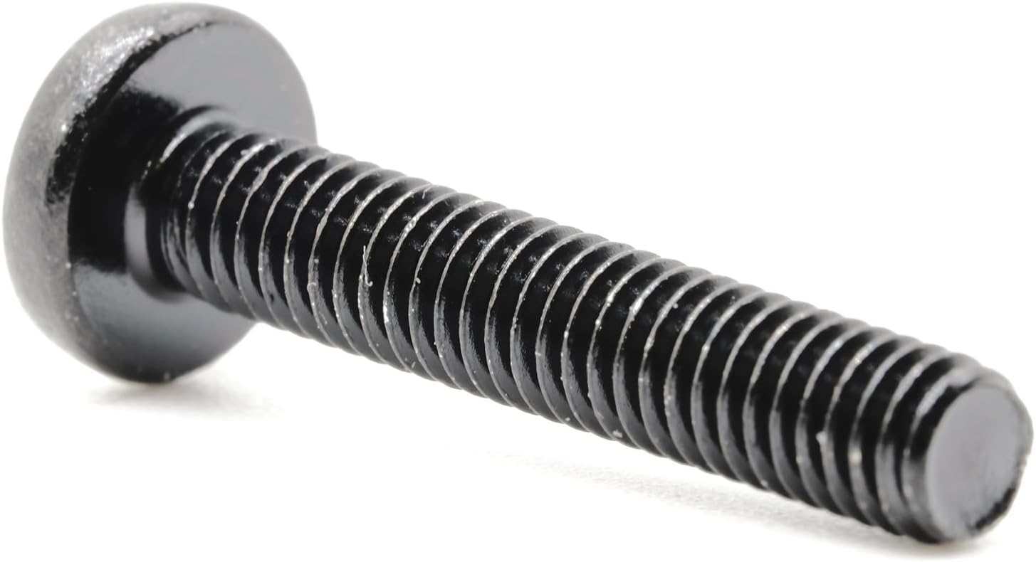 Close-up of a single black machine screw, showing its threads and Phillips head