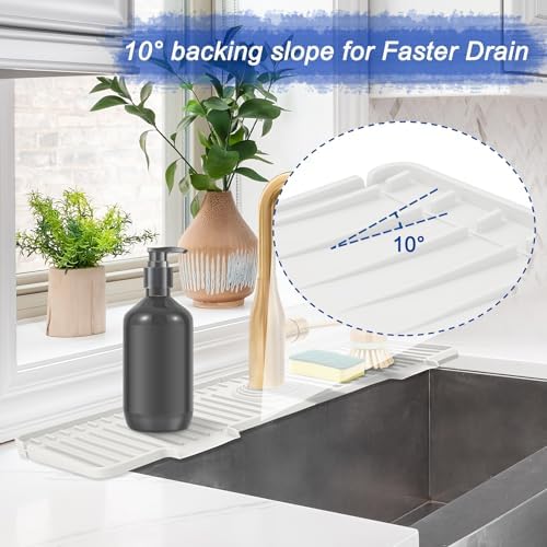 Kitchen Sink Splash Guard, 20IN Longer Silicone Faucet Guard & Draining Mat, Bathroom and Kitchen Sink Organizer, Sink Faucet Mat Water Splash Guard Behind Faucet Accessories Gadget, 20” x 5.5”, White