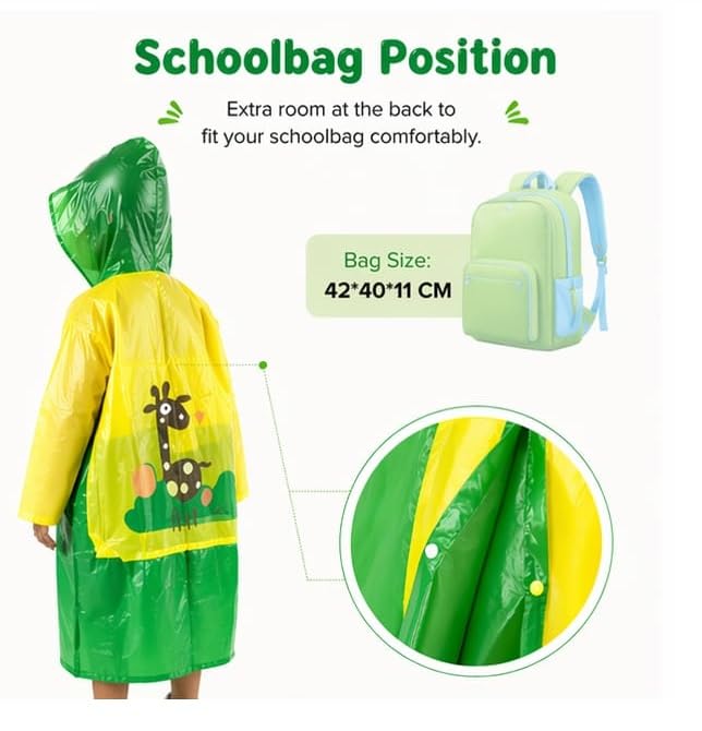Image of CubsDen Kids Waterproof Raincoat for Boys & Girls | Full-Length Hooded Rain Coat | Lightweight Durable School Rainwear | Bright Color Outdoor Rain Jacket for Children