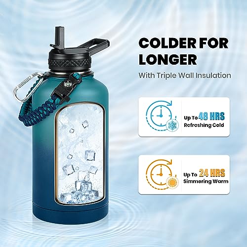 Image of RAYMYLO Insulated Water Bottle 64 oz, Triple Wall Vacuum Stainless Steel (Cold for 48 Hrs), Leak Proof & Non-BPA, Half Gallon Water Flask Jug with Paracord Handle & Straw Spout Lids, Cyan Blue