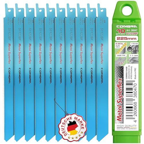 CONBRA® Säbelsägeblätter Metall 10x S1122BF Säbelsäge Blätter 10-tlg. Sägeblätter für Säbelsäge - Metallsägeblatt 225mm - Tigersäge Sägeblatt - Kompatibel mit Bosch Säbelsägeblätter