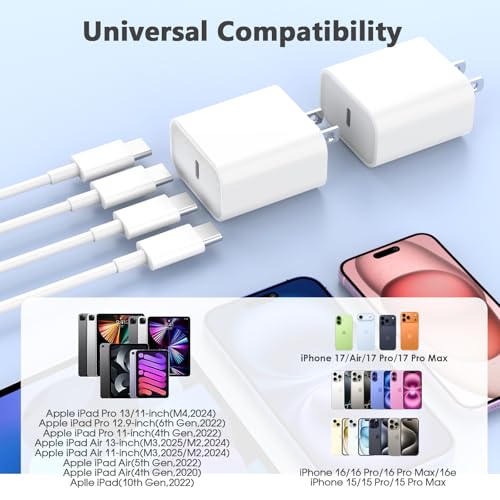 Image of USB C Fast Charger for iPhone 17 /16 /15 Charger Fast Charging,2Pack 20W Type C Wall Charge Block 6FT Long USB C to C Fast Charging Cable Cord for Apple iPhone 17 /16 Pro Max /15 Pro /15 Plus,iPad Pro,Air
