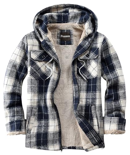Men's Full Zip Sherpa Lined Flannel Jacket Fleece Hooded Plaid Jacket with Hood for Men