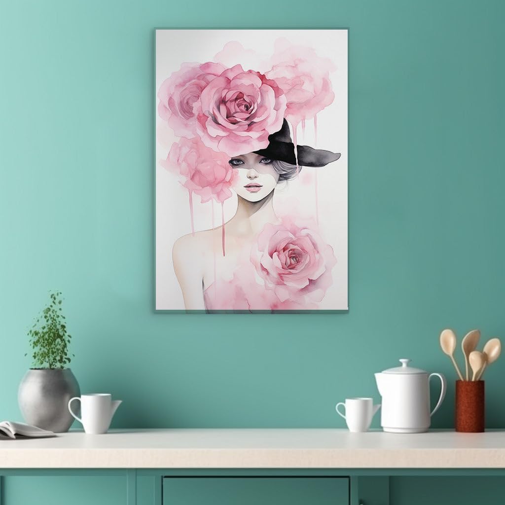 Canvas for Living room. Blooming Elegance: A Whimsical Portrait of a Woman in a Rose Embrace, 27 x 18 inch Canvas Wall Art - Contemporary Masterpieces - Botanical Home Decor - 69x46 cm (27x18 inch)