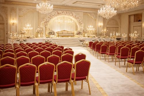 كرسي مأدبة كلاسيكي احمر 93 × 52 × 45 سم، كرسي انيق للمناسبات والفنادق، مقعد تجاري قابل للتكديس - كرسي مناسبات كلاسيكي احمر مع اطار ذهبي، كرسي فندقي فاخر لقاعات الحفلات والمطاعم مقاس 93 سم