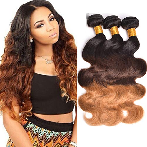 Ombre Bundles Human Hair 9A Grade Brazilian Virgin Body Wave Human Hair 3 Bundles Raw Remy Human Hair 3 Tone Black And Brown And Honey Blonde Hair Color 1B/4/27 Bundles 20 22 24 Inch