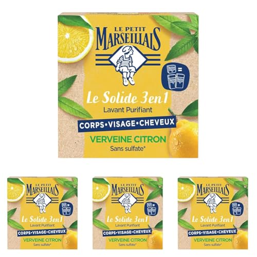 Le Petit Marseillais - Savon Solide Lavant Purifiant 3 en 1 Verveine Citron, Savon Solide Corps Visage Cheveux, 80g (Lot de 4)