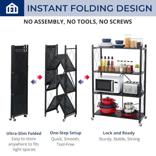 Image of 4 Tier Foldable Storage Shelf with Wheels, Collapsible Metal Rack Shelving Unit, No Assembly Required, Rolling Cart Shelf Rack Organizer for Books, Garage, Kitchen, Closet, Pantry, Exhibition, Black