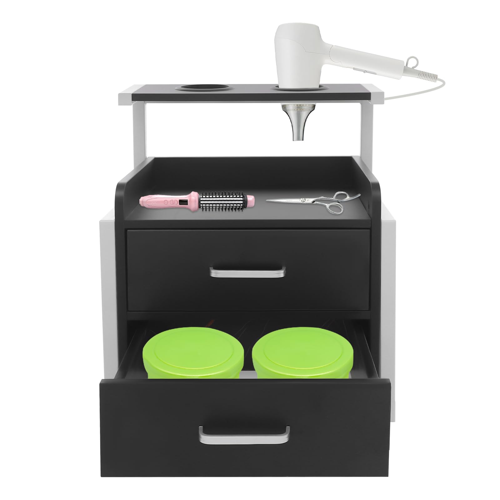 Suspended Salon Wall Cabinet, Wandschrank Friseursalon, Aufbewahrungsschrank mit 2 Schubladen, Offener Ablage und Föhnhalter, Für Salon, Bad, Spa, 40x30x48 cm (Weiß+Schwarz)