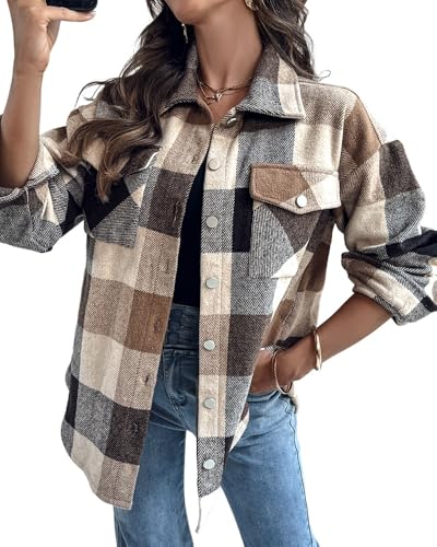 CHICME Womens Plaid Casual Jacket Long Sleeve Shacket Turn-down Collar Button Fall Shirt Coat Khaki-L