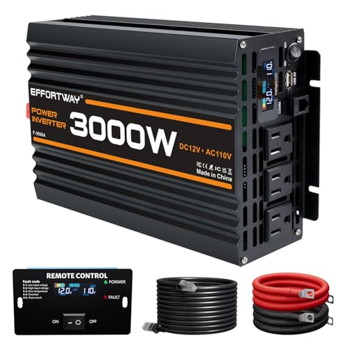 EFFORTWAY 3000W Power Inverter, 12V DC to 110V/120V Modified Sine Wave Inverter with 3 AC Outlets,...