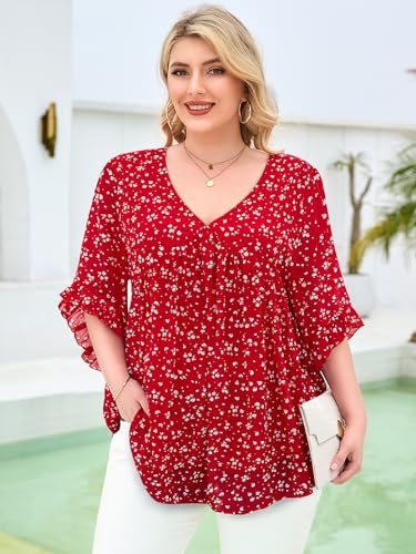 Siddhe Womens Plus Size Tops 3/4 Ruffle Sleeve Blouses V Neck Chiffon Shirts Babydoll Dressy Casual Tunic Top XL-5XL2