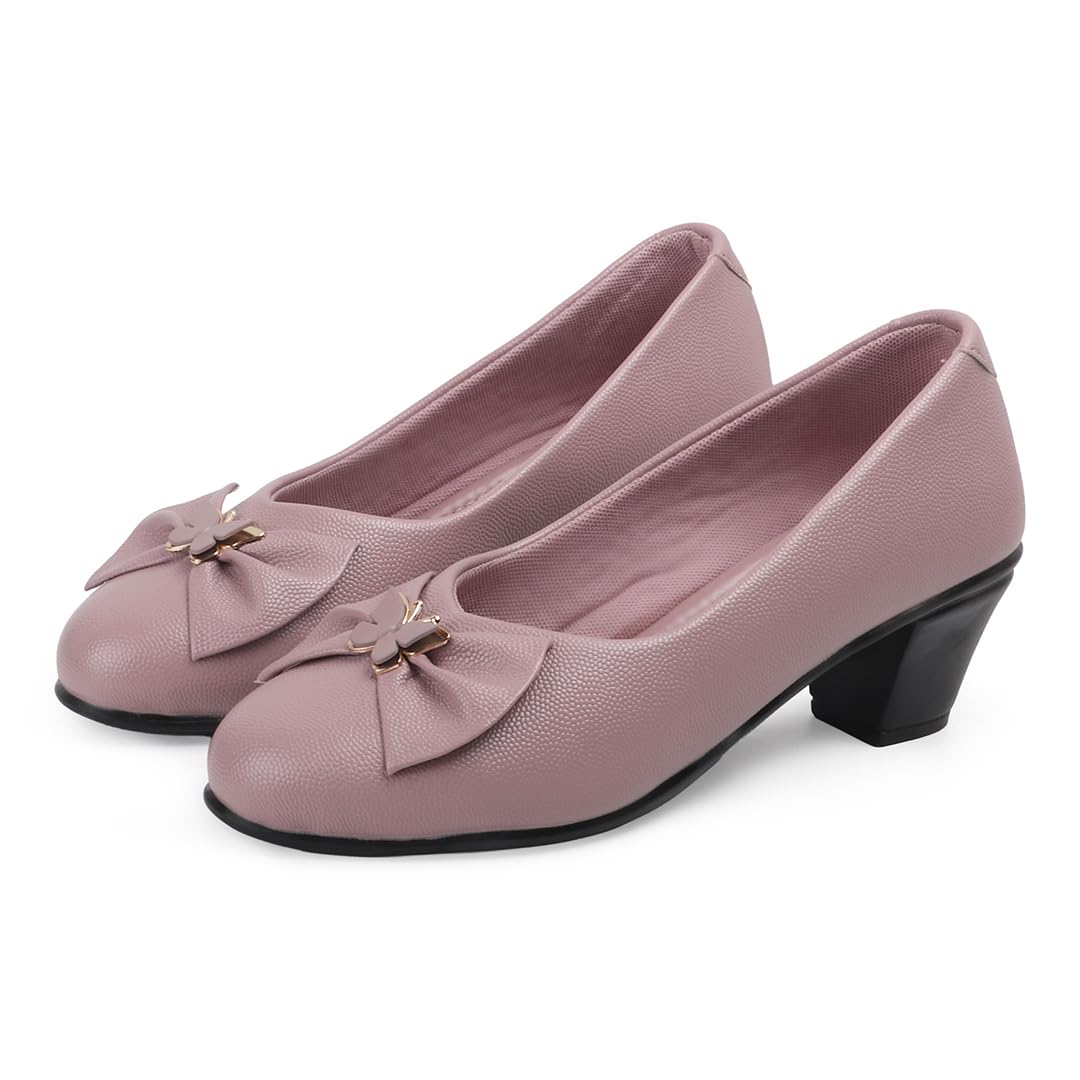 Women & Girls Synthetic Bow Block Heel Pumps | Round Toe Slip On Court Shoes | Textured Finish Office Wear Footwear-image-21