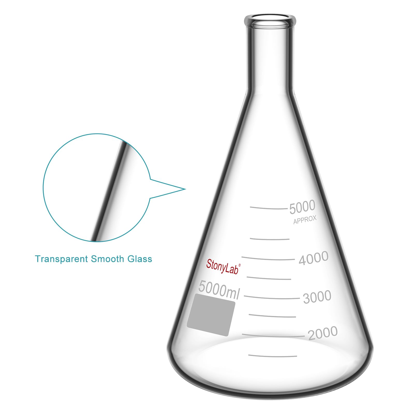 stonylab 1 opakowanie 50 ml Erlenmeyer kolba ze szkła, ciężka ściana i wąska usta, laboratorium kolben Erlenmeyer Flask z wytrzymałą krawędzią (5000 ml)
