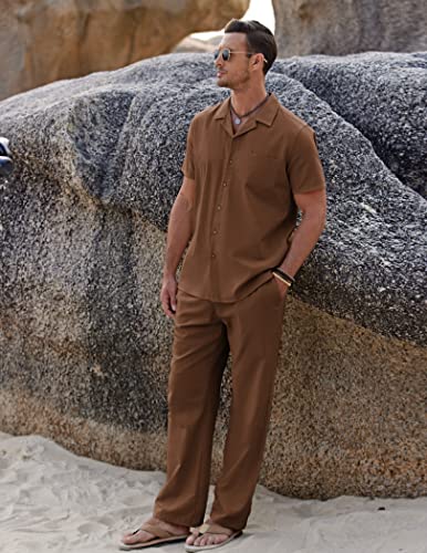 Image of COOFANDY Men 2 Piece Linen Outfit Beach Button Down Shirt Casual Loose Pant Sets