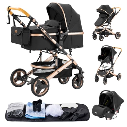 GLOKID Carrito bebé 3 en 1, Carro, Carrito bebé 3 Piezas, Silla Paseo, Sistema de viaje, Plegable, neumáticos de caucho, Con accesorios, Góndola, Adaptateurs, 25 kg (530 Nero)…