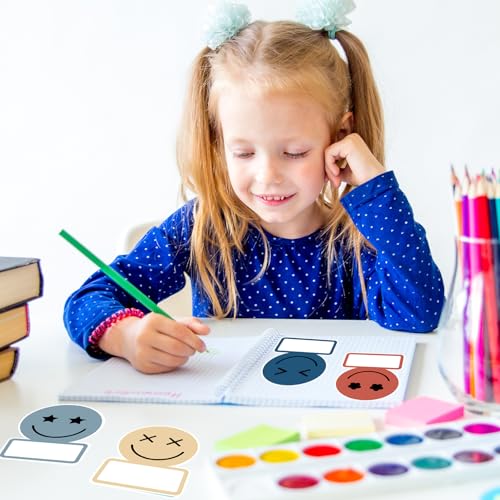 Image of Whaline 135 Pcs Boho Smile Face Name Tag Stickers Dark Color 9 Designs Nameplate Decals Classroom Bulletin Board Labels for Back to School Desk Wall Message Board Decor