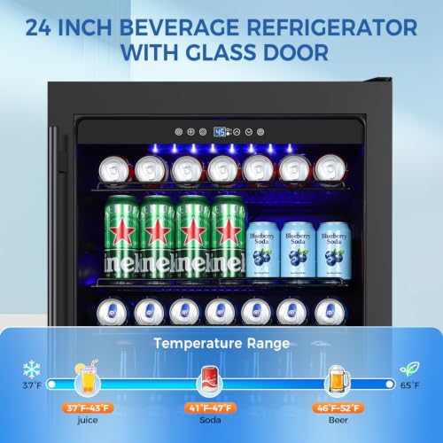 Image of 24 Inch Beverage Refrigerator Under Counter, Drink Fridge 180 Cans Large Capacity with Glass Door, 38dB Whisper Quiet Beverage Cooler Built-in for Home Bar Office, Memory Function for Beer Soda, Black