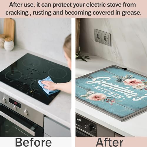 Image of Blue Wood Grain Pattern Stove Top Cover for Electric Stove, Heat Resistant Glass Cooktop Cover, Stovetop Protector, Dish Drying Mats Cover for Ceramic Washer Top 28x20 inch