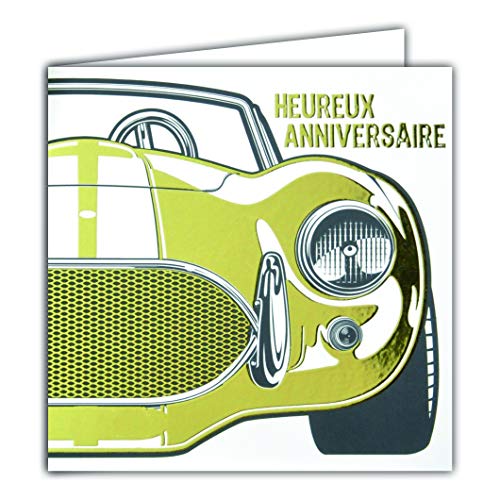 Cartolina quadrata dorata per compleanno, auto sportiva antica da collezione