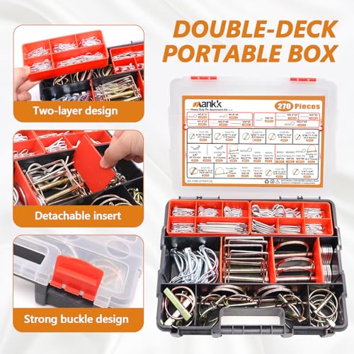 Image of mankk 270PCS Heavy Duty Hitch Pins Clip Pins 3 Point Assortment Kit Tractor Pins Linch Pins PTO Pins R Clip Pins Hair Pins,for Farm Tractors Trailers Trucks Attachments Lawn Mowers
