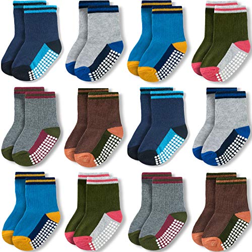12 Pack Baby Socks Cotton Crew Toddler Socks Grips Non Slip Bottom Socks, Yellow Blue 6-12M