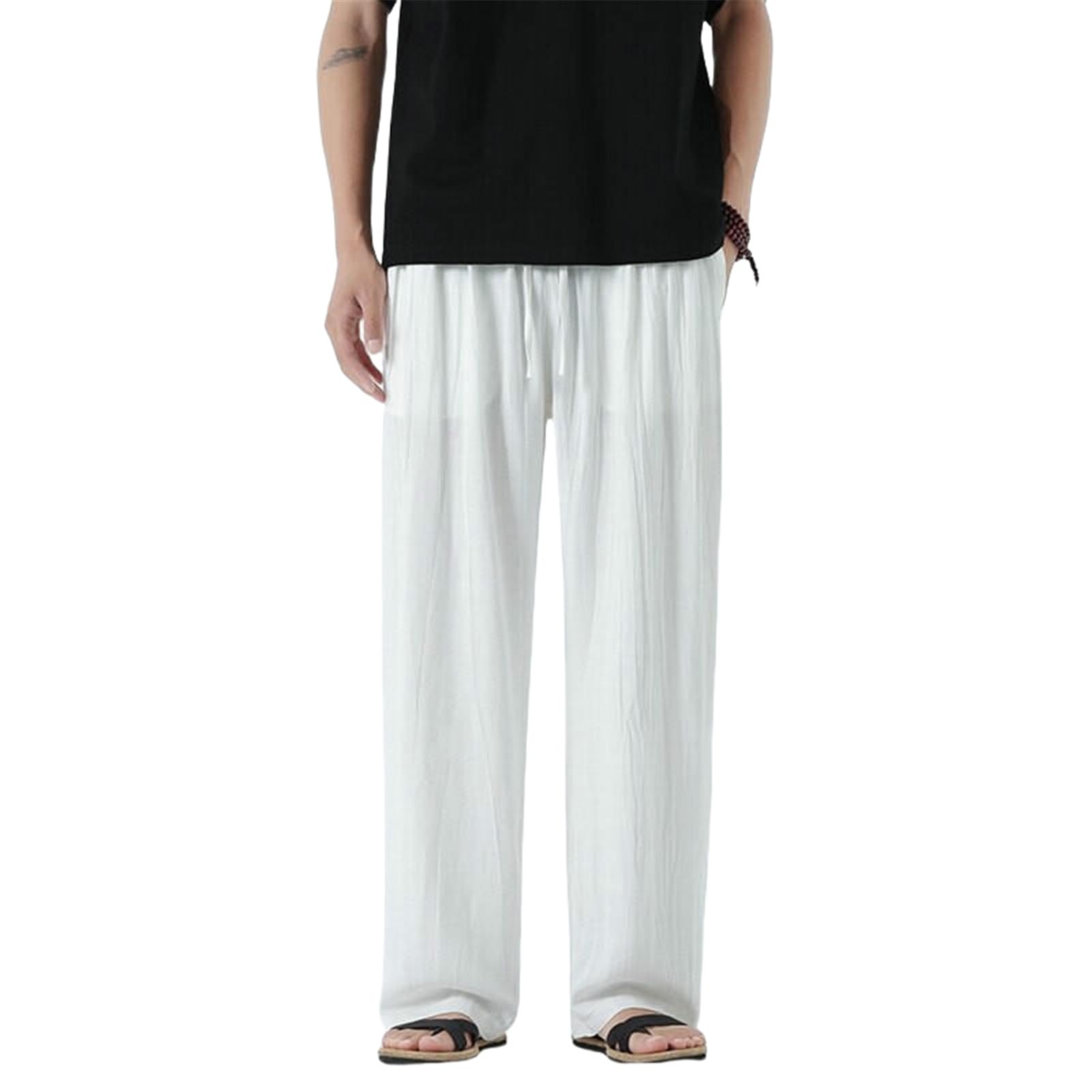 Pantalon jambe large mince en lin décontracté style chinois d'été - 8