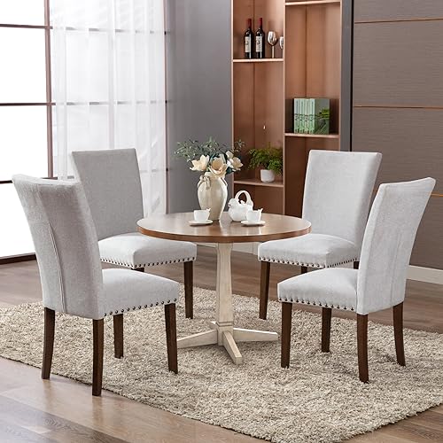 Image of COLAMY Upholstered Parsons Dining Chairs Set of 2, Fabric Dining Room Kitchen Side Chair with Nailhead Trim and Wood Legs - Light Grey