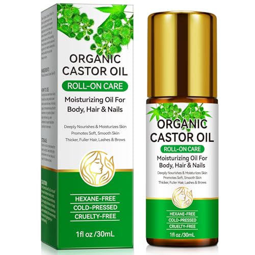 Organic Castor Oil,100% Pure Cold Pressed Castor Oils for Hair,Body and Nails,Roll-On Care in Glass Bottles 1 fl.oz-Moisturizing & Multi-purpose