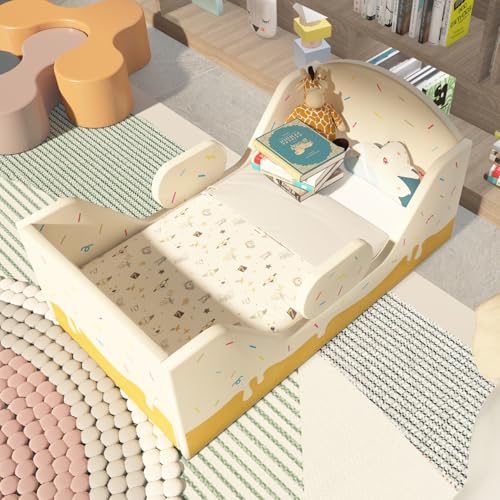 Image of weeonekids Toddler Bed, Child Bed for Kids with Extra Safty Broad, Standard Crib Size Toddler Bed, Certified Fabric Toddler Beds,Toddler Flood Bed (Deizzle Donut)