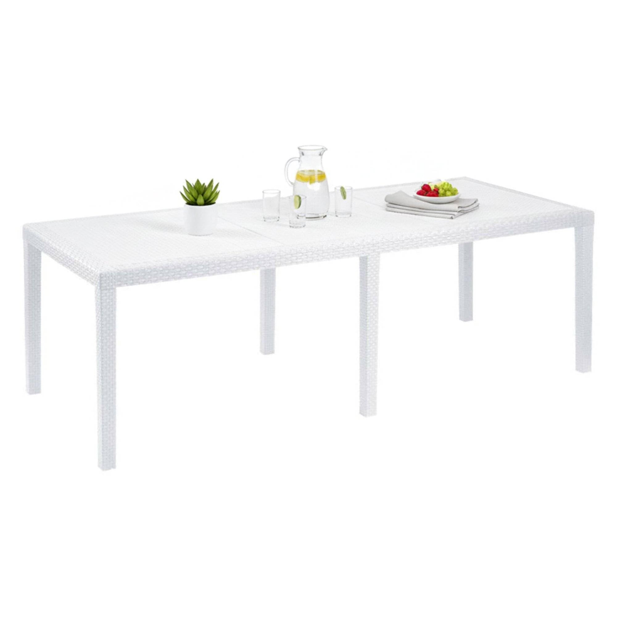 Dmora - Tavolo da esterno Roma, Ripiano rettangolare allungabile da pranzo, Tavolo da giardino estensibile effetto rattan, 100% Made in Italy, 150/220x90h72 cm, Bianco